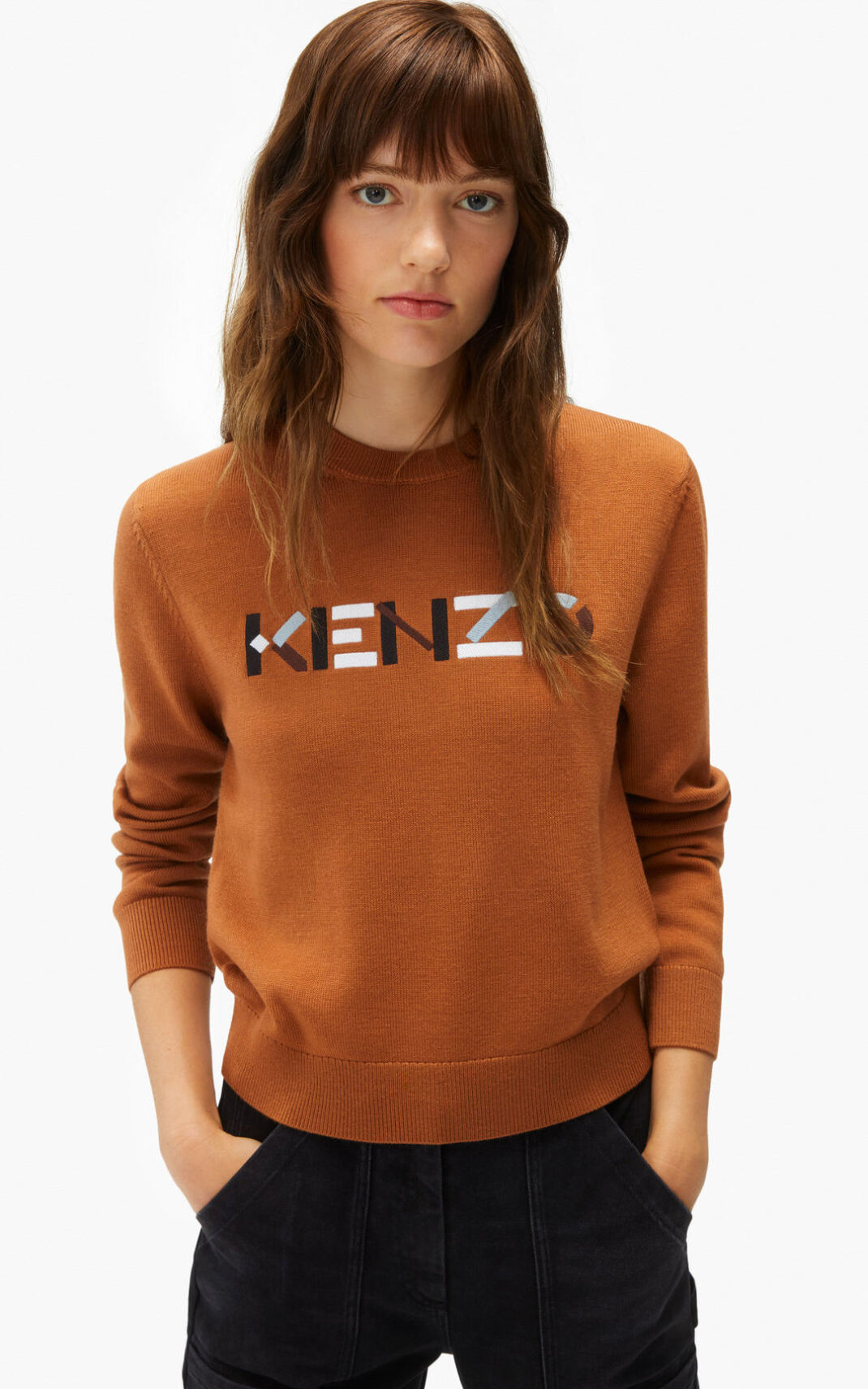 Kenzo logo merino wool πουλόβερ γυναικεια καφε | GR266185